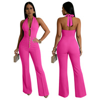 Combinaison Femme Halter à Décolleté Plongeant et Découpes, Sans Manches, Pantalon Évasé, Boutonnée, Taille Haute, Coupe Slim, Tendance, Logo Personnalisé