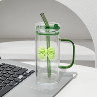 Offre Spéciale – Tasse carrée en verre borosilicate pour boissons chaudes et froides avec couvercle, paille en verre et décoration nœud papillon