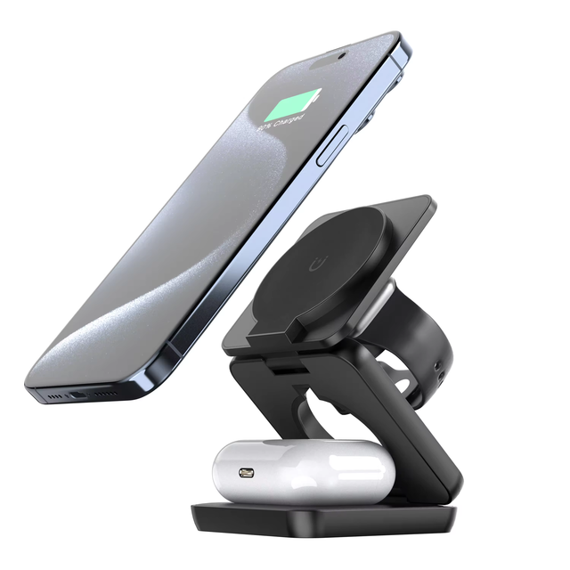 Hot Sell 3 in 1 Folding Magnetic Wireless Charger 15W Fold Fast Charging Stand Mobile Phone Foldable LED Wireless Charger
