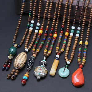 Kalung Rantai Sweater Kayu Panjang Gaya Etnik Retro, Kalung Manik-Manik Kayu, Kalung Liontin Katun dan Linen Tibet, Kalung Manik-Manik Buddha - Product Image 1