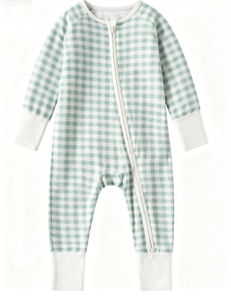 Turkuaz Kareli Baskılı Desenli Ön Logolu Örme YKK Fermuarlı Bebek Pijama Takımı Tulum Gecelik Özelleştirilmiş Hizmet ile - Product Image 1