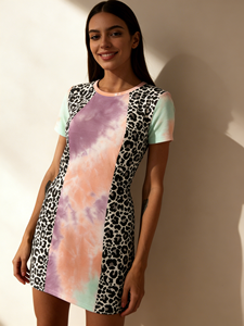Robe trapèze imprimée léopard tie-dye - Robe t-shirt décontractée patchwork avec poches discrètes, tissu confortable et respirant - Product Image 6