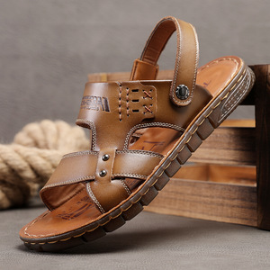 Sandales à lanières en T pour hommes, en cuir de vachette première couche, semelle extérieure en caoutchouc antidérapante, décontractées, d'été, à bout ouvert, motif uni - Product Image 1