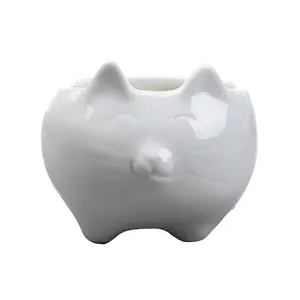 白色装饰陶瓷猫花盆带排水托盘创意多汁花盆家庭办公花盆