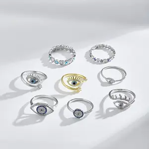 Cz Cubic Zircon 18K Gold Plated Ring Wholesale Trendy 925 Sterling Silver Open Adjustable Blue Devil Eye Rings Jewelry Women