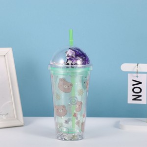 Lovely 450ml Multi-Style Bear Panda Themed Double Wall <b>Plastic</b> <b>Straw</b> Tumbler with Decorative Purple Tinsel Filled Dome Lid - Product Image 3