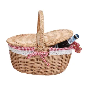Widely Used Bread Fruit Woven Willow wholesale empty weave Wicker handle picnic hamper basket with lid gift food Storage Basket