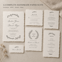Suite d'invitations de mariage personnalisées à bords festonnés, papier fait main avec impression de croquis botaniques minimalistes, carte RSVP et carte de détails