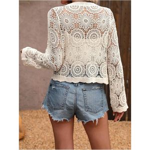 Women's Crochet <b>Cardigan</b> <b>Sweater</b> V Neck Long Sleeve Knit Crop Top Bohemian Summer Sheer Layer - Product Image 2