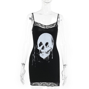 Y2K femmes Streetwear Harajuku crâne imprimé sans manches taille haute robe moulante nouveau rétro Punk gothique robe Grunge tenues - Product Image 4