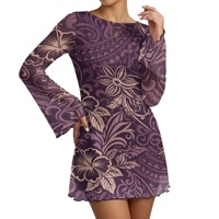 Robe moulante courte à manches longues élégante et sexy pour femme, motif tribal polynésien tropical violet, douce et légère, pour les fêtes