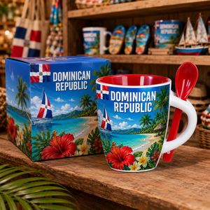 Mug à café en céramique souvenir de la République dominicaine des Caraïbes, design floral, avec cuillère et boîte, personnalisable OEM ODM, vente en gros - Product Image 2