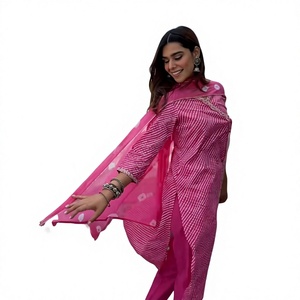 Ensemble Kurta Salwar en Chiffon Rayé Rose pour Femme, Col Mandarin, Manches Trois Quarts, Brodé, Coupe Ample, Décontracté d'Été - Product Image 1