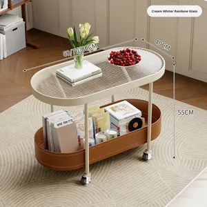 Table basse ovale convertible de <span class=keywords><strong>petit</strong></span> appartement <span class=keywords><strong>à</strong></span> la mode avec chariot <span class=keywords><strong>à</strong></span> <span class=keywords><strong>roulettes</strong></span> en métal crème moderne pour meubles de salon - Product Image 6