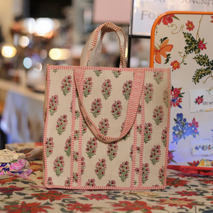 Sac fourre-tout en coton imprimé à la main, design à panneaux, fermeture éclair, chaînes brodées, écologique, fait à la main, sac à bandoulière portable - Product Image 2