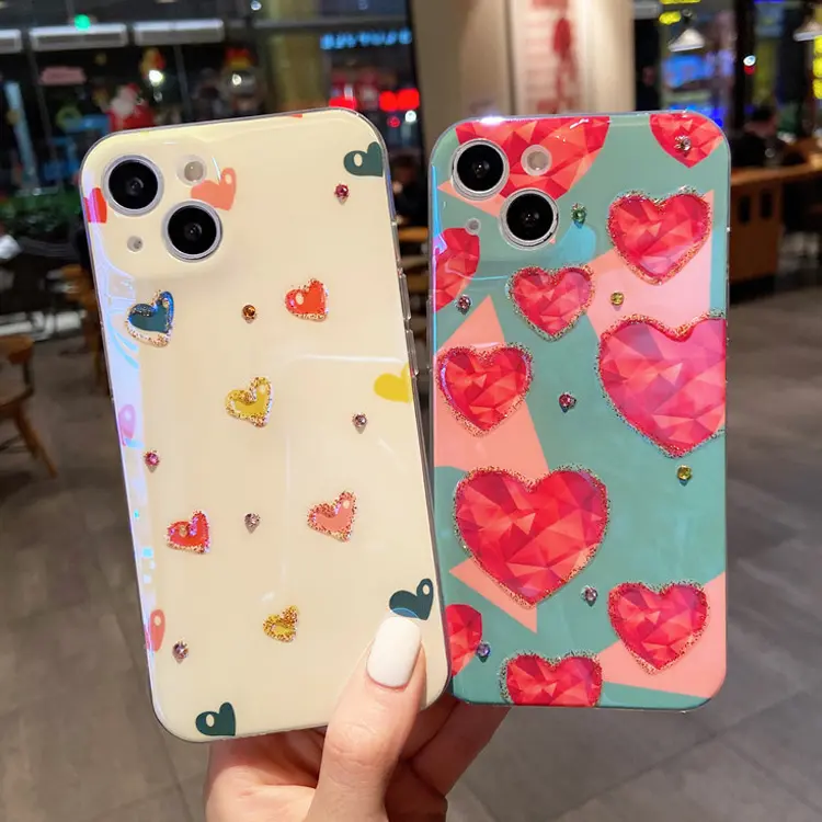 Luxury heart shape phone case for iphone 13 pro max back cover pink color bling glitter case girl phone cover for iphone 13