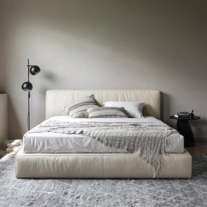 Lit double king/queen size extra large en cuir véritable blanc crème, style minimaliste italien de luxe, Zayshine - Product Image 2