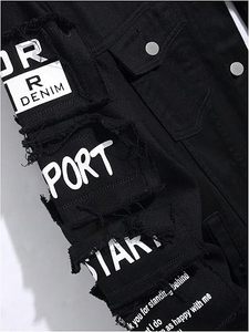 Veste en jean noire pour homme, style streetwear hip-hop, avec logo personnalisé, patchwork déchiré, effet usé, tissu épais, style varsity. - Product Image 4