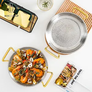 Restaurant Gold Handle Frying Pans Copper Cookware Triply Three Layer 304 Stainless Steel Non Stick Spanish Seafood Paella Pan