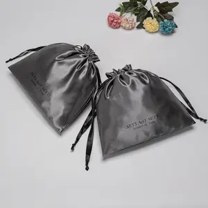 Fashion Custom Logo Gray Silk Satin Pouch With Ribbon Hot Selling Custom Size Large Silk Fabric Satin Lingerie Storage Bag