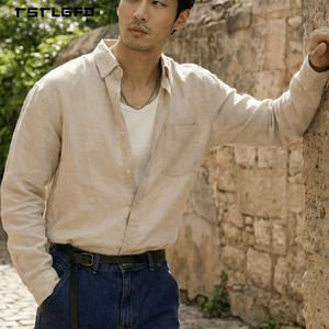 Chemise à manches longues en mélange de lin et de coton pour homme, beige, col classique, boutonnée, poche poitrine, style décontracté, streetwear, minimaliste - Product Image 6