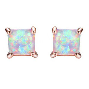 Rose Gold Plating 925 Sterling Silver Opal Square Studs Fire White Opal Stud <b>Earrings</b> - Product Image 1