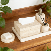 Ensemble d'accessoires de salle de bain en travertin, 5 pièces : distributeur de savon, plateau de toilette, diffuseur d'arômes, boîte à mouchoirs (beige)