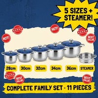 Ensemble de casseroles vapeur en acier inoxydable léger et écologique, 6 pièces, 28, 30, 32, 34, 36 cm, avec grille vapeur et couvercle en verre bleu, pour la cuisine à domicile