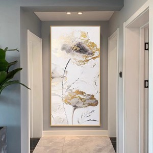 Peinture à l'huile peinte à la main, fleur de lotus abstraite, cadre doré, rectangle, art mural moderne de luxe léger pour entrée et couloir - Product Image 1