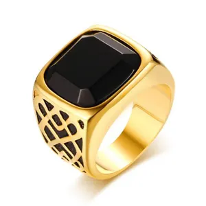 Men Square Black Carnelian Precious Stone Signet Ring In Gold Tone Stainless Steel Male Jewelry Anillos Accessories