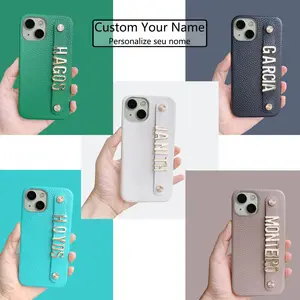 Holding Strap Personalization Custom Metal Name Leather Mobile Case Cover For iPhone 15 14Pro 13Pro Max Mini XR X 8Plus Cover