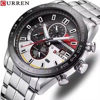 CURREN jam tangan bisnis 8410 pria, arloji Quartz tahan air 3ATM konograf tali baja tahan karat
