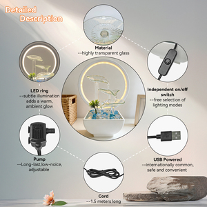Fontaine d'eau de table moderne avec galets de cristal, design feuille <span class=keywords><strong>en</strong></span> <span class=keywords><strong>verre</strong></span> transparent, anneau lumineux LED, alimentation USB, décoration intérieure - Product Image 6