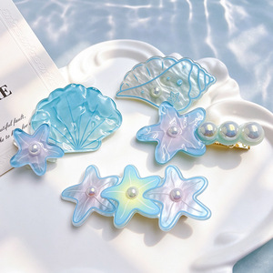 Jolies pinces à <span class=keywords><strong>cheveux</strong></span> en forme de coquillages, conques et étoiles de mer pour enfants, pinces à franges pour l'été et la plage, accessoires capillaires en acrylique pour filles - Product Image 1