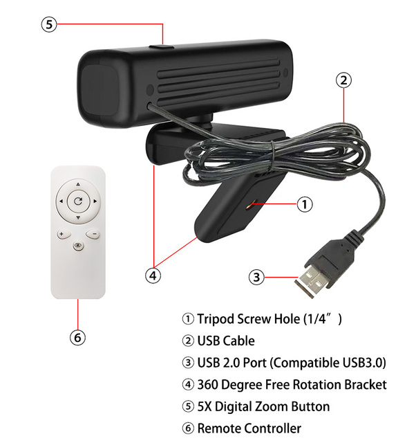 High Resolution Web Camera Remote Controlling 5X Digital Zoom 8MP 4K Webcam