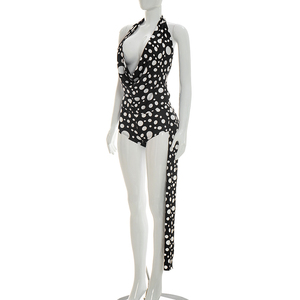 Viviblook J26ST156 Women Summer Casual Set Deep V Backless Halter <b>Top</b> Polka Dot Printed High Waist Mini Shorts Set - Product Image 5