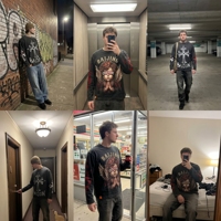 Chemise à manches longues en coton délavé pour homme, imprimé graphique audacieux croix et ange avec détails de manches flamboyantes, style streetwear