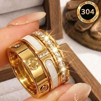 Set Cincin TikTok Populer 3Pcs Bahan Stainless Steel Lapis Emas 18K, Cincin Clover Berkilau Berbagai Ukuran untuk Wanita, Pasokan Langsung Pabrik