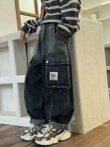 Pantalones cargo de mezclilla holgados para niños con múltiples bolsillos - Product Image 4