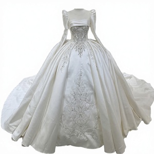 Nouvelle Robe de Bal Classique Française S1522N de Haute Qualité, Coupe A-Line, Manches Longues en Satin, Taille Naturelle Amincissante, Traîne Courte en Dentelle, Longueur Ras du Sol - Product Image 3