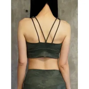 Military Green Camouflage Women's Sports Set with Removable Pads, High Elastic Leggings and <b>Criss</b>-<b>Cross</b> Crop <b>Top</b>, 75% Polyamide - Product Image 3