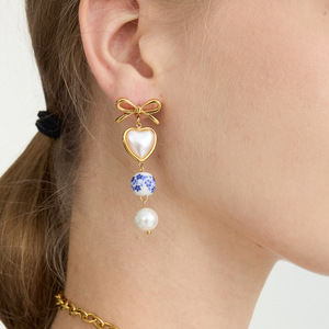 Heart-Shaped Pearl Drop <b>Earrings</b> With <b>Blue</b> Floral Bead Gold Bow Stainless Steel <b>Studs</b> For Women Everyday Wear - Product Image 2