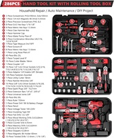 Kit d'outils de réparation pour la maison et l'automobile en plastique de 286 pièces avec coffret de rangement à roulettes, sans fil, alimenté par batterie, pour usage domestique général