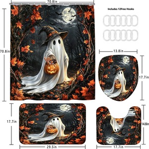 Cortina de Ducha de Poliéster con Diseño de Calabaza de Bruja Fantasma Blanca, Cortina de Baño con Impresión Digital, Impermeable, Impresión Personalizada, Venta al por Mayor, Moderna - Product Image 3