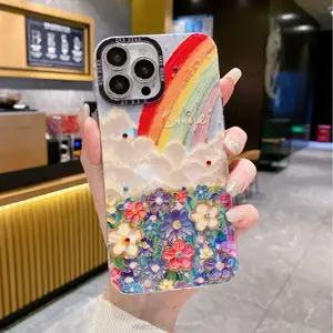 2024 Deluxe Blue Wave Rainbow Flower Fashion Phone Case 14 15 Pro Max 13 Pro 12 Bead Hand Cord 11 Soft Case 15 For IPhone