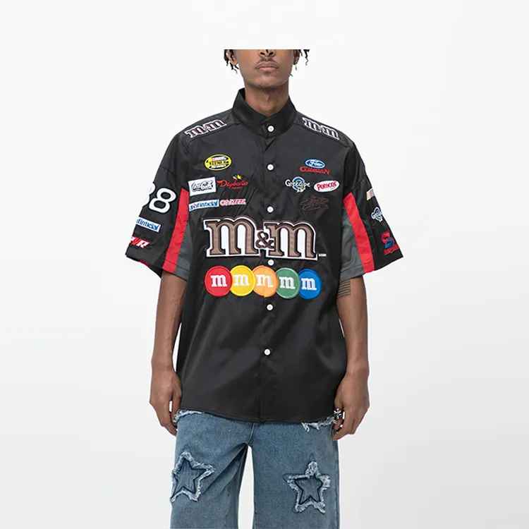 Hot Sale Spread Collar Button Down Short Sleeve Black Custom Mens Embroidery Patches Mechanic Work Shirts