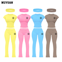 Ensemble 2 pièces pour femmes, haut à manches courtes avec pantalon à taille repliable, couleur unie, tenue décontractée pour tous les jours, en stock, prêt à être expédié