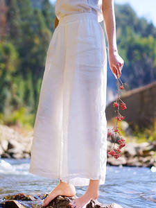 Pantalon vintage <span class=keywords><strong>blanc</strong></span> <span class=keywords><strong>en</strong></span> ramie taille haute élastique coupe large et courte pour <span class=keywords><strong>femme</strong></span> – <span class=keywords><strong>Lin</strong></span> décontracté et ample pour l'été – Marque - Product Image 5