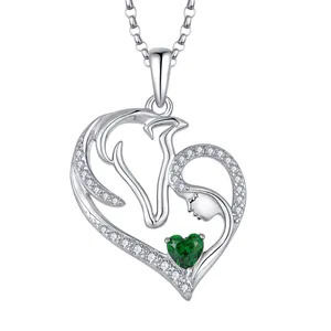 925 Sterling Silver White Topaz Girl Feeding Her Horse Open Heart 12 Birthstone Heart Pendant Necklace
