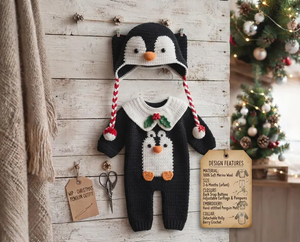 Ensemble barboteuse bébé pingouin au crochet fait main à manches longues avec bonnet, tenue de Noël pour tout-petit - Product Image 5